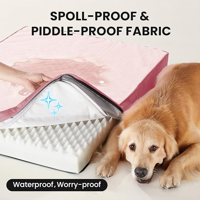 OhGeni Orthopedic Waterproof Dog Bed for Large Dogs, Machine-Washable Removable Cover in Easy-Clean Fabric, High Density Foam & Easy-Carry Handle, Wider and Larger, 44 inch (Pink)