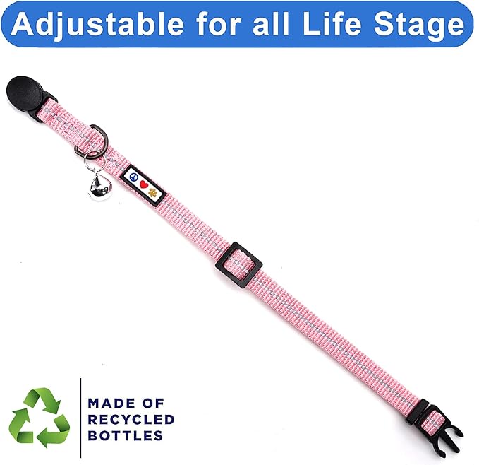 Pawtitas Recycled Pink Reflective Cat Collar – Eco-Friendly Breakaway Safety Buckle, Adjustable Kitten & Adult Collar with Removable Bell and High-Visibility Strap