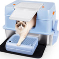 Vivifying Stainless Steel Litter Box with Lid, XL Side Entry Extra Large Litter Box for Big Cats & Kitty, Removable Enclosed Metal Cat Pan with High Sided Enclosure, Scoop, Mat, Footboard (Blue)