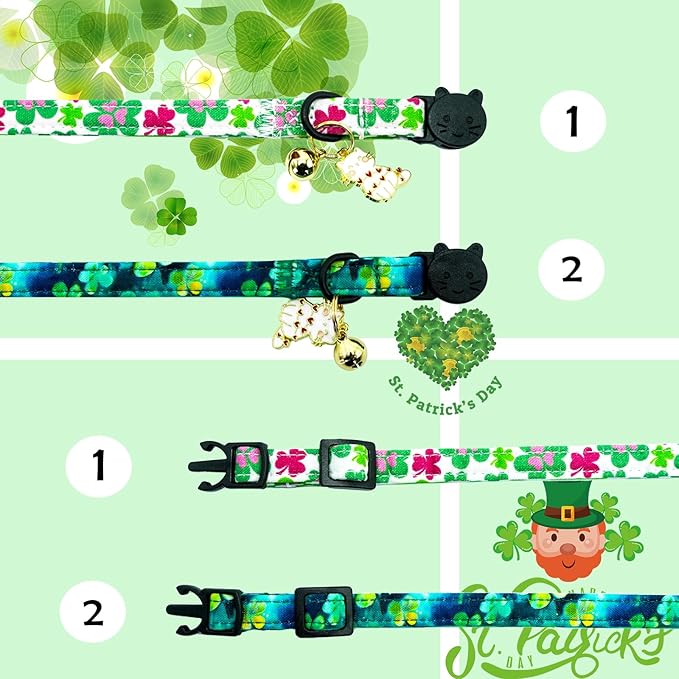 Elegant little tail St Patrick's 2 Pack Cat Collar- Trefoil Print Cotton Breakaway Cat Collars with Bell Pendant Kitten for Boy Girl Safety Adjustable Collar for Small Cats Puppy