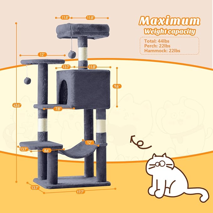 Cat Tree Tower 44 Inch, Small Cat Tower with Condo, Hammock, Sisal Scratching Posts, Extended Perch, Pet Play House for Indoor Kittens and Cats, Grey