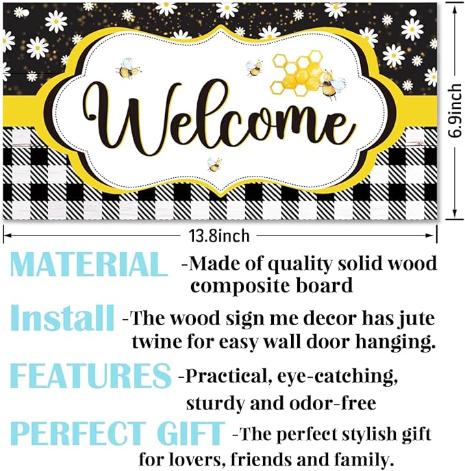 Daisy and Bee Welcome Sign, Rustic Daisy Summer Welcome Sign for Front Door, Farmhouse Home Porch Garden Yard Decor, Rustic Contemporary Farmhouse Wall Decor