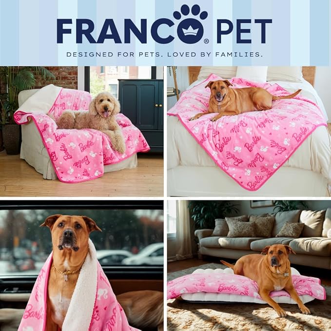 Franco Pet Barbie XL Oversized Super Soft Cozy Waterproof Sherpa-Backed Blanket Throw for Large Dogs, Couch/Bed/Car, 60x80 (Officially Licensed Product)