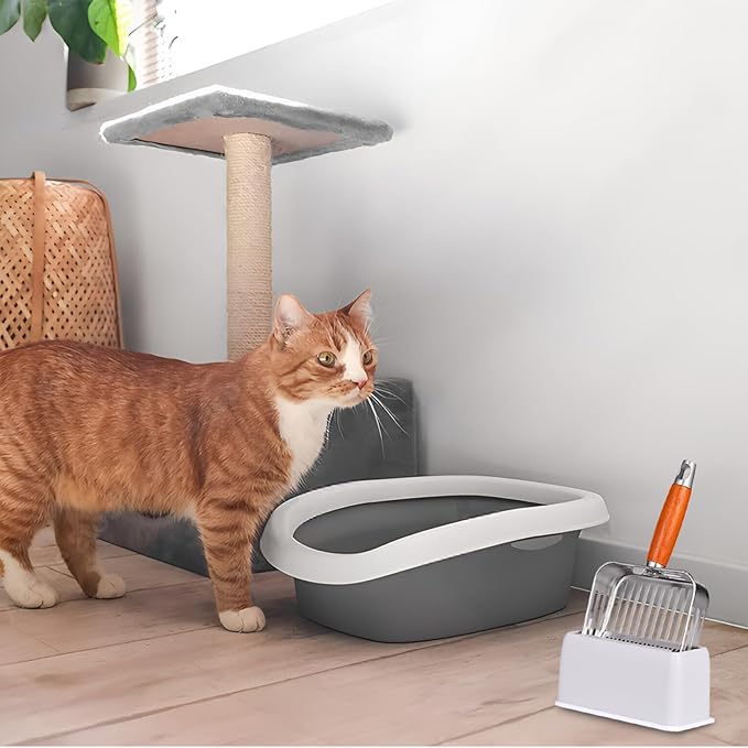 Rustproof & Unbreakable 304 Stainless Steel Metal Cat Litter Scoop with Holder Stand, One-Piece Pressed Design with No Welds, Easy Bottom Scooping, Reinforced Anti-Break Handle