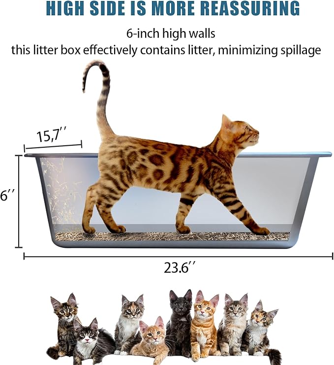 Stainless Steel Cat Litter Box - XL Metal High Sided Cat Pan Tray, Easy to Clean Non Stick Odorless Large Pet Toilet Supplies for Big Cats Kitty Kitten, 23.6 x15.75 x6 Inch, Silver
