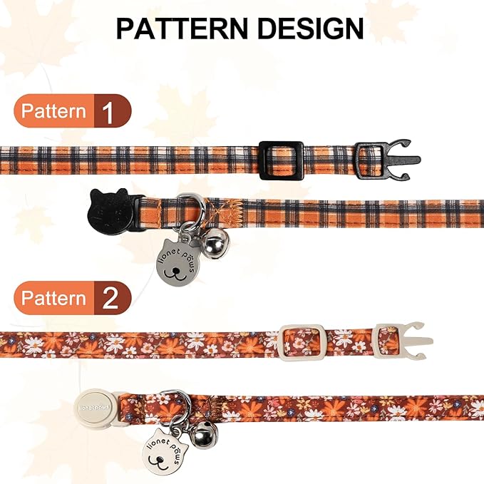 Lionet Paws 2pcs Pack Halloween Cat Collar,Brown Blossoms and Black Brown Grid with Breakaway Buckle,Cute Adjustable Cat Kitten Collar,Ideal for Girl Cats
