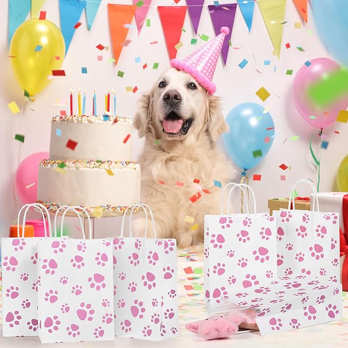 Blulu 20 Pcs Puppy Dog Paw Gift Bags with Paper Twist Handles, Dog Gift Paper Paw Treat Goodie Bags for PET Treat Party Favor, 6.3 x 3.1 x 8.6 Inch(White Backing, Pink Paws)