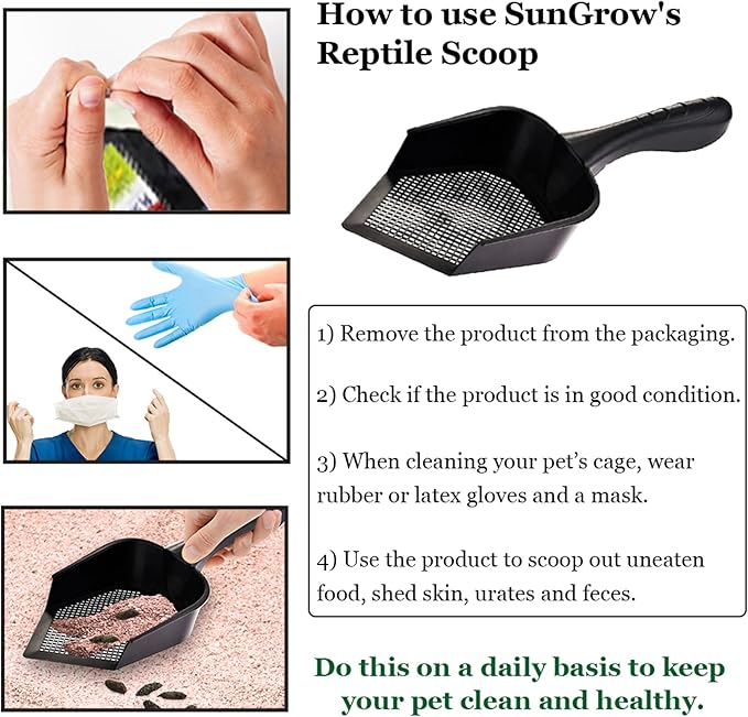 SunGrow Reptile Litter Scoop, Pointed Edge for Terrariums, Right-Angled Deep Shovel for Reptiles & Cats, Durable Plastic, Black, 1 Pack