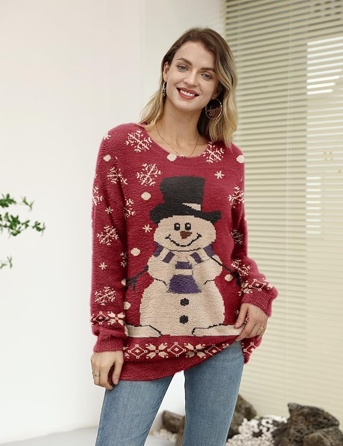 YESNO Women Christmas Sweater Graphic Printed Oversized Pullover Sweaters Casual Loose Knit Tops S01