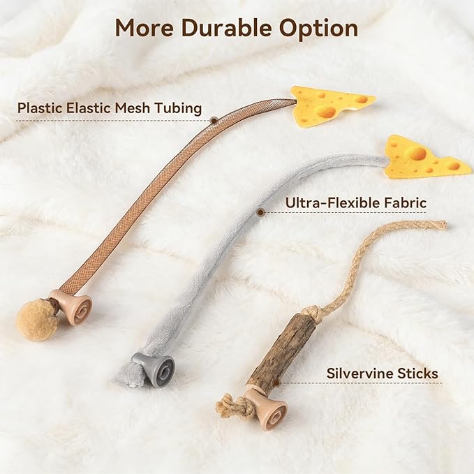 Migipaws Cat Toy Replacement Tails 3 Pack - Interactive Cat Toys Attachments with Elastic Plastic, Soft Fabric & Silvervine Rope Tails - Compatible MigiMouse Cat Toy for Indoor Cats