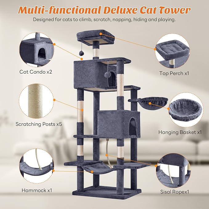 Large Cat Tree 66 Inch, Multi-Level Tall Cat Tree Tower with Condo, Perches, Sisal Scratching Posts and Hammock, Pet Play House with Dangling Balls for Indoor Cats, Dark Grey