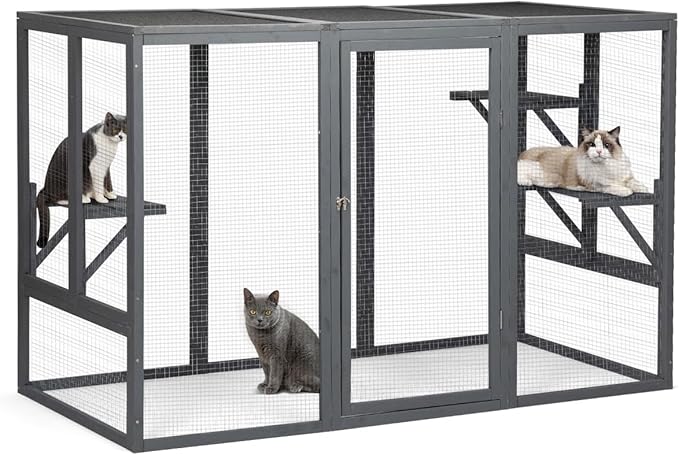 Catio Outdoor Cat Enclosure,71" L Outside Cat House Weatherproof, Wooden Large Catios for Cats Patio, Cat Houses with 3 Platforms,Grey