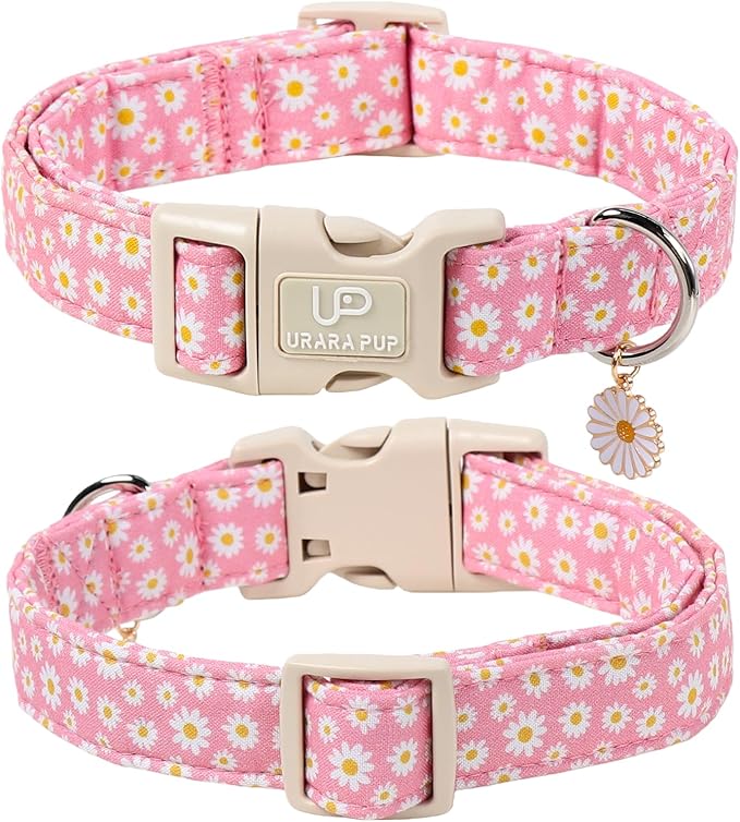Daisy Dog Collar, Summer Cotton Dog Collar with Quick Release, Gift Pink Collars for Small Medium Large Girls or Boys Dogs Cute Durable Comfortable Pet Collars