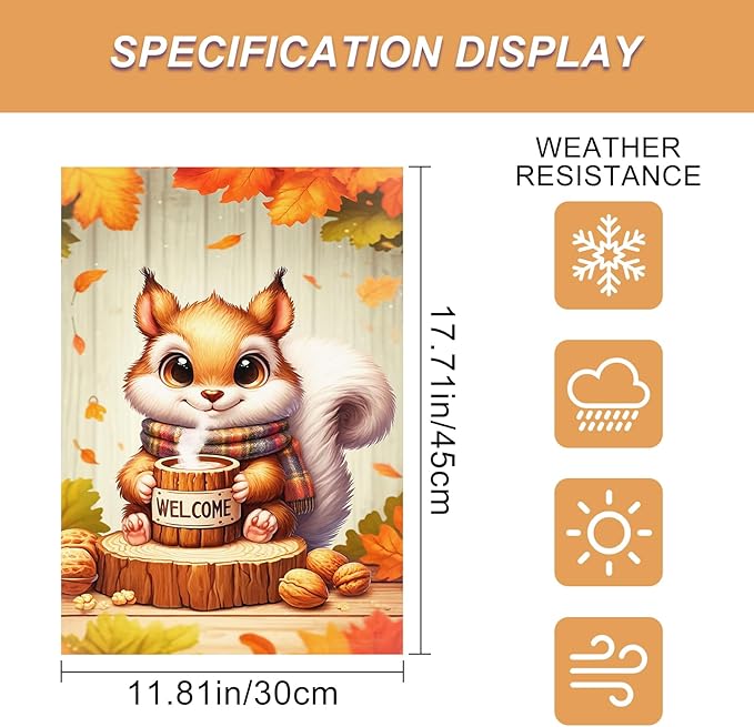 Fall Everyday Garden Flag 12x18 Inch Cute Red Squirrel with Hot Cocoa and Welcome Sign, Yard Flag Double Sided for Outdoor Fall Porch