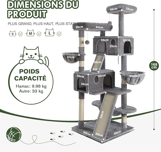 MUTICOR 66 Inches Multi-Level Large Cat Tree Tower for Indoor Big Feline/Cozy Plush Perches/Condo/Sisal Scratching Posts/Hammock and Baskets/Activity Center Play House/Wide Base/Grey