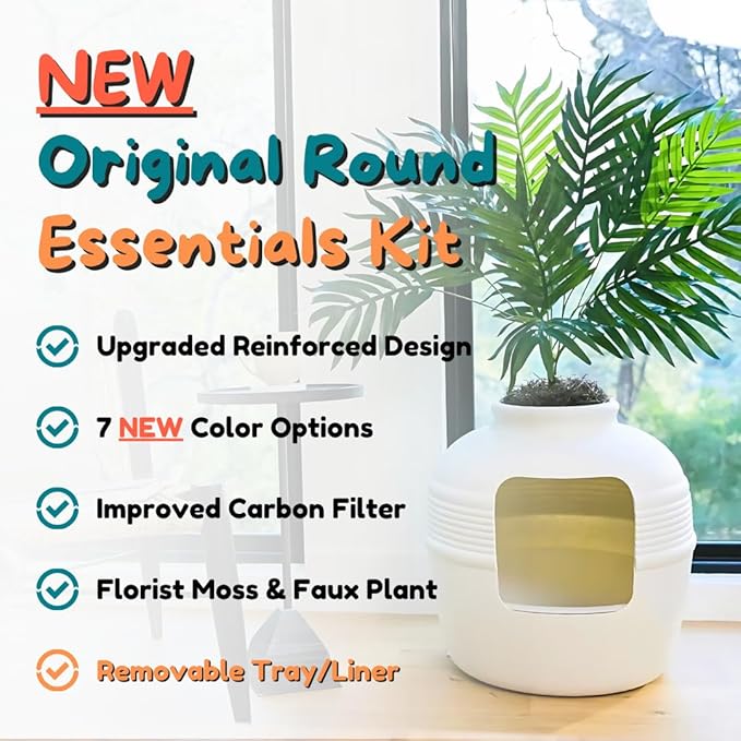 Good Pet Stuff Hidden Litter Box Planter, Decorative Cat Litter Enclosure with Carbon Filter, Artificial Plant, Easy Clean, Removable Liner, Round Style, Essentials Kit, Classic White
