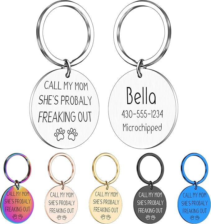Funny Personalized Dog Tag, Customized Dog Collar with Name Tags Plate, Call My Mom! She's Probably Freaking Out,Cute Pet Tag Keychain for Dogs Cats Owner, Pet Name Tag Double Sided Engraved