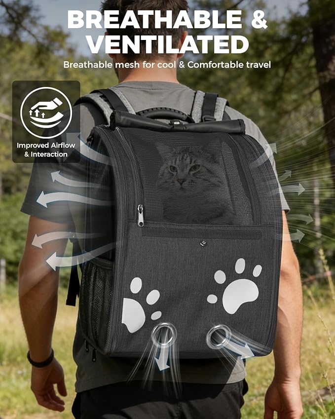 Cat Carrier Backpacks for Kitty Small Dog up to 15 lbs, Lightweight and Foldable Dog Backpack Carrier with Breathable mesh for Travel, Walking, Hiking, Camping and Vet (Black)