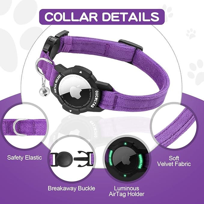 Luminous AirTag Cat Collar Breakaway, OUCWLTAG GPS Cat Collar with Apple Air Tag Holder, Cat Tracker Collars with Safety Elastic Band for Girl Boy Cats, Kittens and Puppies (Purple, 9-13 Inch)