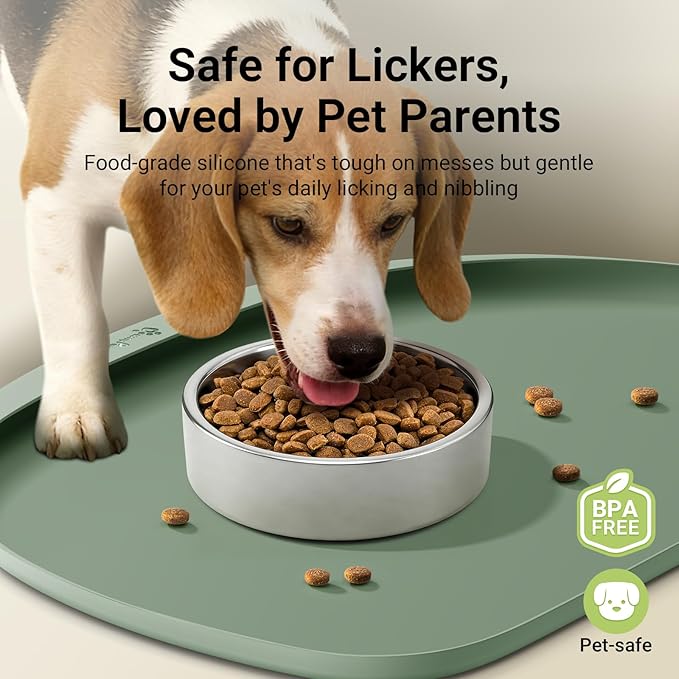 DownyPaws Dog Food Mats for Floors Waterproof, BPA Free Silicone Dog Bowl Mat, Non-Slip Pet Feeding Mat with High Raised Edge, Cat Placemat for Messy Drinkers, 24"×17", Sage