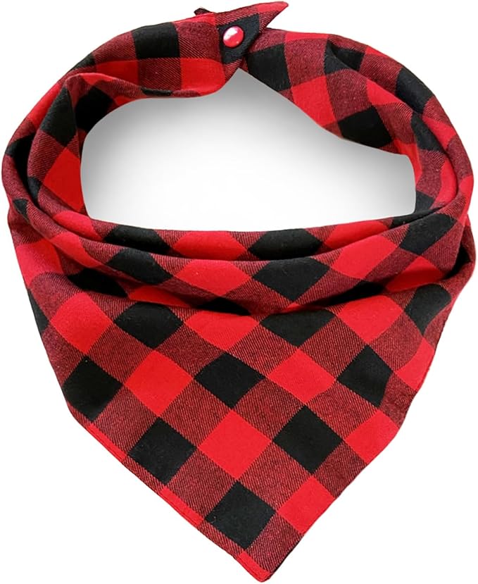 Christmas Plaid Dog Bandana with Button, Fall Dual Layer Scarf Soft Cotton Triangle Bib Girls and Boys Kerchief Adjustable Accessories for Small Medium Large Extra Large Dog Puppy Pet Cat