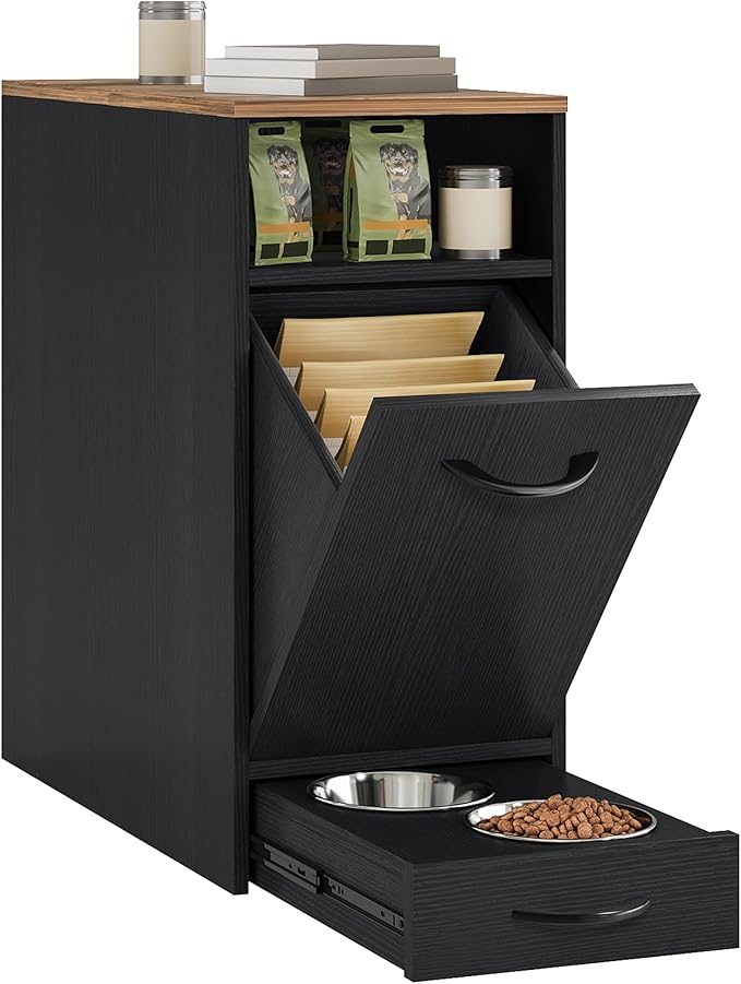 DWVO Dog Feeding Station with Storage, Dog Food Cabinet with 2 Feeder Bowls, Pull Out Elevated Dogs Bowl, Black
