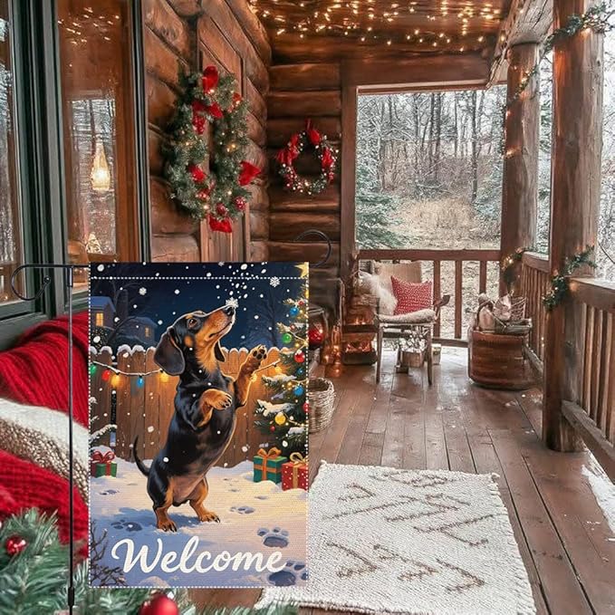 Dachshund Welcome Garden Flag 12x18 Inch Double Sided Christmas Burlap Yard Banner Winter Holiday Outdoor Decor for Dog Lovers Home Seasonal Decoration