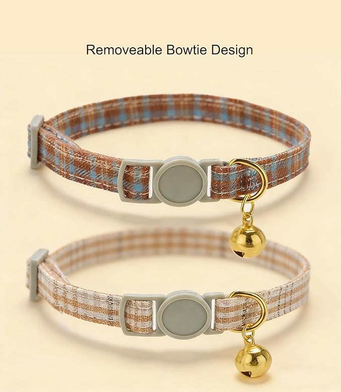 Cotton Bowtie Cat Collar with Bell 2 Pack Plaid Breakaway Kitten Collars with Removeable Bunny Ear Bow(Amber+Beige)