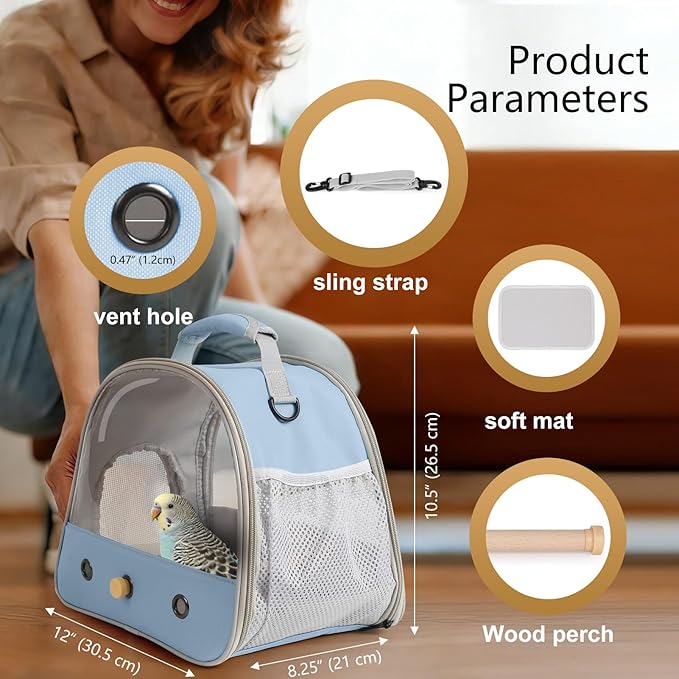 Bird Travel Carrier, Portable Small Bird Parrot Parakeet Carrier with Standing Perch, Side Access Window Collapsible