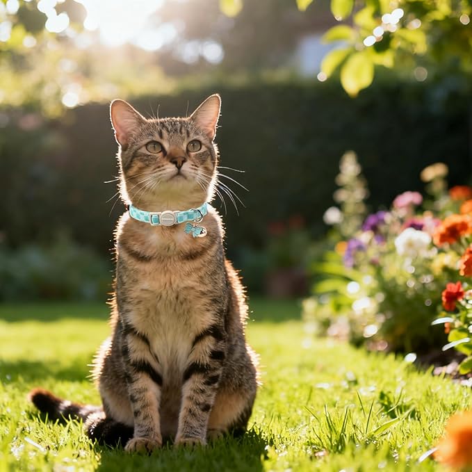 2 Pack Green Flower Cat Collars Breakaway with Bell, DOGWONG Safety Buckle Green Plaid Cute Cat Collar for Girl Boy Cats，Adjustable 7-12 Inch