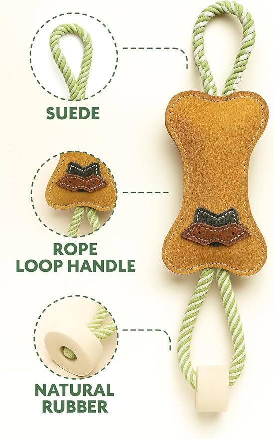 Natural Suede Leather and Rope Chew Toy with Bone Design for Medium and Large Dogs | Durable Interactive Play Toy | Great for Fetch, Tug and Daily Chewing Fun