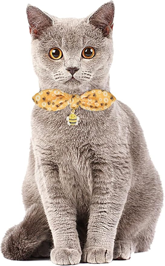 Bowtie Cat Collar with Bell 2 Pack Stylish Breakaway Kitten Collars with Removeable Bowknot,Yellow Bee & Pink Strawberry