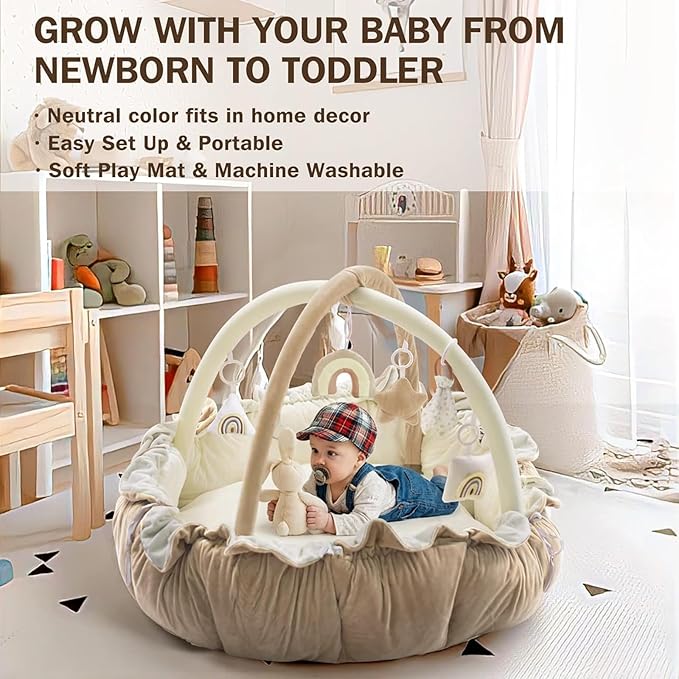 Little Dove 5-in-1 Convertible Baby Play Gym with 6 Toys, Tummy Time Mat for Sensory Development, Baby Activity Center for Newborn & Toddler, Ball Pit, Soft Pet Mat, No Ball Included Cream