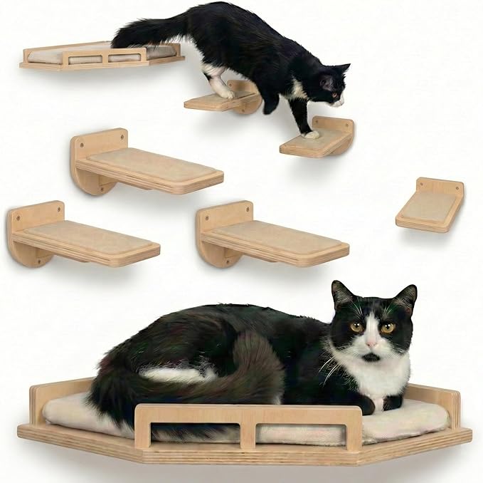 INICIO Cat Wall Shelves - Safe and Sturdy Cat Wall Furniture - Stylish Corner Shelf with 3 Steps for Cats up to 15lbs - Cushioned Perch and Stairs for Climbing and Playing - Natural Wood