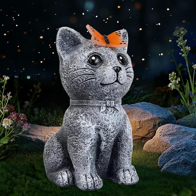 Solar Cat Garden Statues Outdoor Decor with Butterfly for Waterproof Yard Lawn Patio Balcony Porch Home Decor, for Mom Grandma Women Housewarming