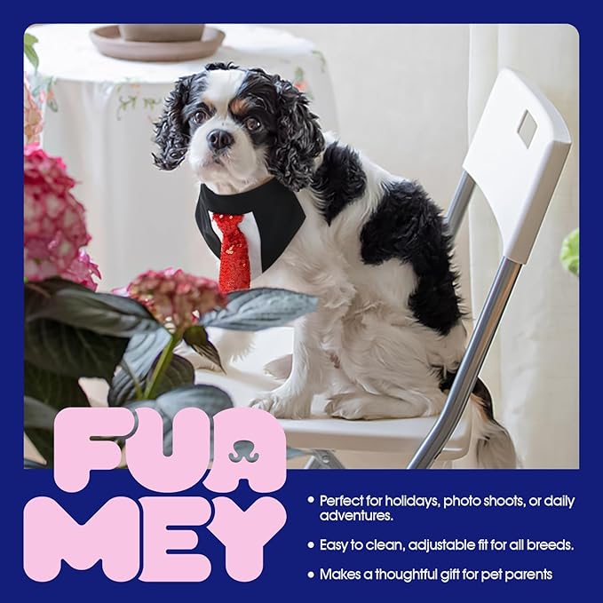 FUAMEY Dog Tie Bandanas,Formal Dogs Wedding Tuxedo Attire Puppy Collar with Ties Birthday Puppy Costume Adjustable Party Ball Tux,Doggies Valentines Cosplay for Small Medium Large Pet M