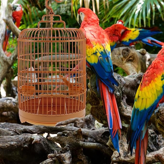 VILLCASE Round Bird Cage for Small Birds, 9.8" X 17.6 “ Plastic Travel Carrier for Parakeets Budgies Finches, Vintage Hanging Style Birdcage Prop with Feeder Cups for Vet Visits & Decor Snap-Fit
