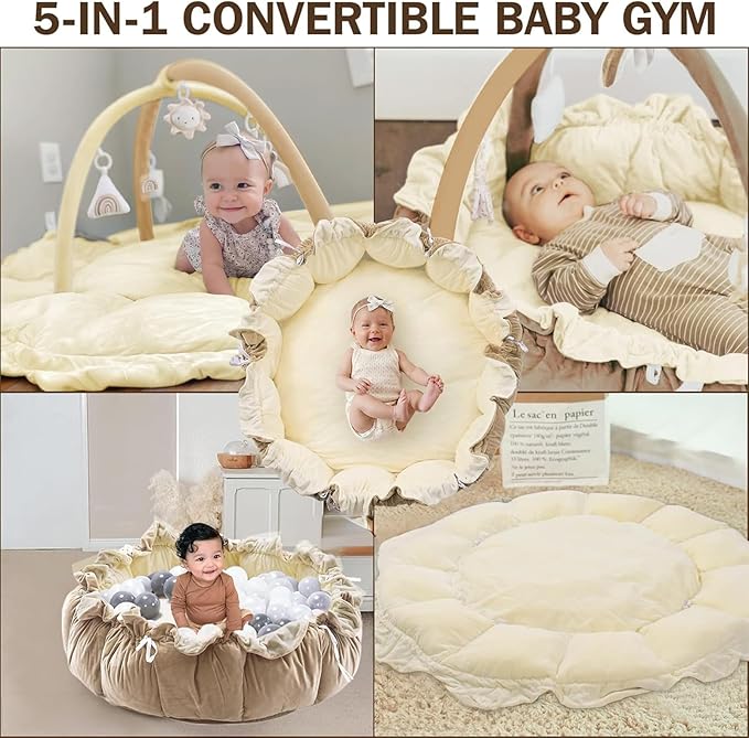 Little Dove 5-in-1 Convertible Baby Play Gym with 6 Toys, Tummy Time Mat for Sensory Development, Baby Activity Center for Newborn & Toddler, Ball Pit, Soft Pet Mat, No Ball Included Cream