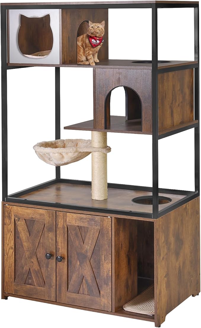 Aivituvin Cat Litter Box Enclosure, Litter Box Furniture Hidden, Wooden Cat Washroom Furniture, Indoor Cats House with Condo, Hammock, Scratching Mat and Storage Shelves