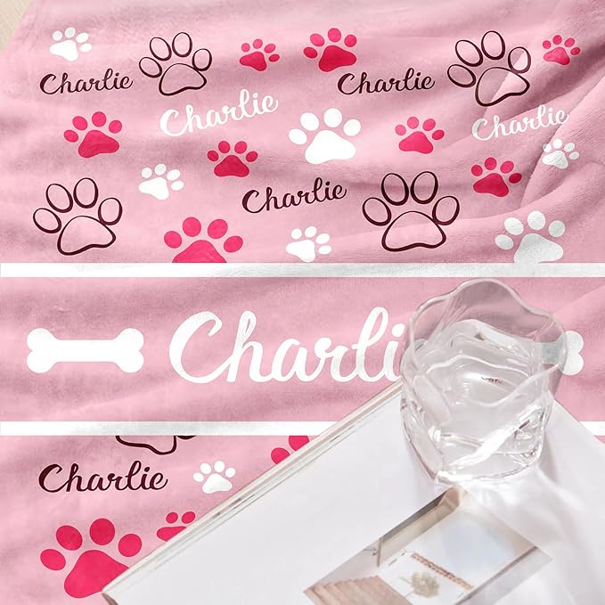 Personalized Dog Blanket, Customized Pet Blankets with Name Picture, Throw Blanket for Small Medium Large Dog Puppy Cat (E-Pink)