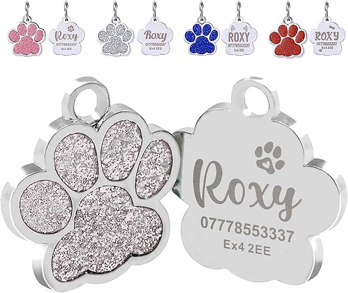 EDSG Cat Dog Tags Personalized for Pets, Dog Name Tags Cat Name ID Tag, Engraved Dog Tags Dog ID Tags Small Glitter Bling ID Tag Paw Print for Cat Pet Dog Puppy(Silver,Design 4)