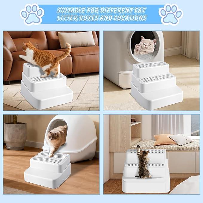 Adjustable 3 Steps Litter Box Ramp, Litter Box Step with Filter Function, Easy to Clean Cat Litter Stair Catcher for Older Cats and Small Cats (White)