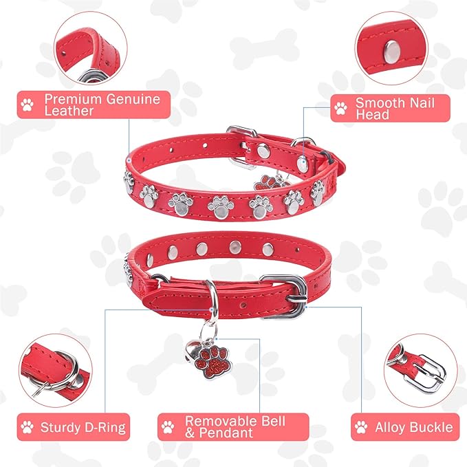 SCENEREAL Cat Collar with Bells, Leather Cat Collars with Paw Studded, Adjustable Pet Collars for Boy Girl Cats,Soft Cute Cat Collar for Kitty Puppy Small Big Cats, Red