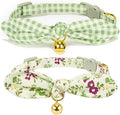 Bowtie Cat Collar with Bell, 2 Pack Cotton Breakaway Kitten Collars with Removeable Bow Stylish Cat Collars, Floral Green & Plaid