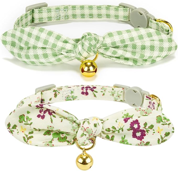 Bowtie Cat Collar with Bell, 2 Pack Cotton Breakaway Kitten Collars with Removeable Bow Stylish Cat Collars, Floral Green & Plaid