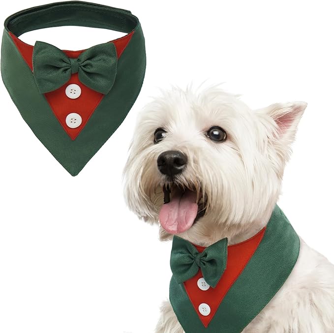 FUAMEY Dog Tuxedo Christmas for Small Dogs,Dog Formal Suit Dogs Attire Pet Bow Tie Puppy Party Costumes Cat Tux Outfits Pets Bandana Cosplay Adjustable Bowties Christmas Green Red S