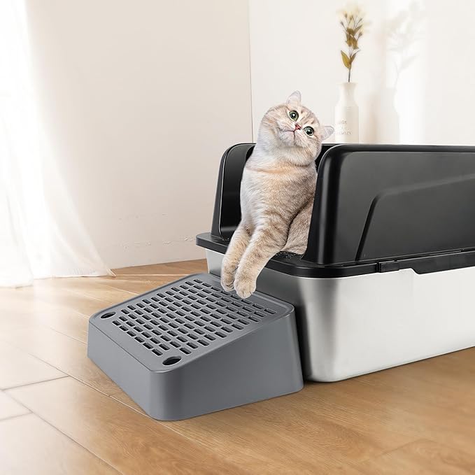 Litter Box Step, Cat Step/Ramp/Catcher with Filter Function, Easy to Clean, Ideal for Kitten & Elderly Cats (Dark Grey)
