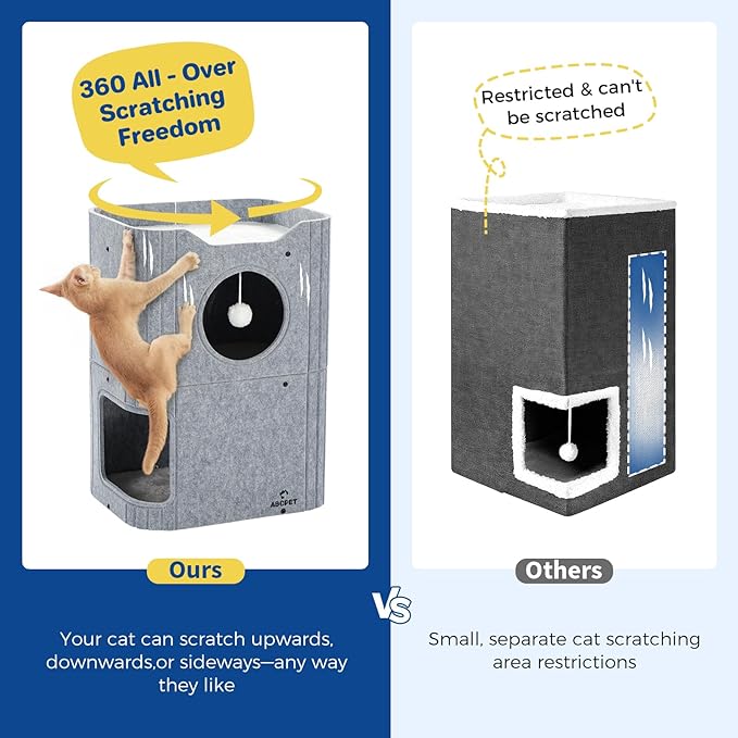 Cat House for Indoor Cats, 2-Storey Cat Bed Cave, Felt Cat Hideaway Condo with Resistant Scratching Freedom Kitten Cube for Multicats Gray