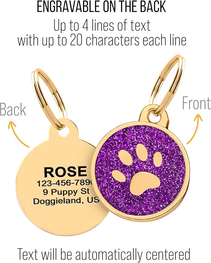 Paw Shape Dog ID Tag Stainless Steel Custom Laser Engraved, Cute Bling Glitter Pet Name Tags Personalized with Durable Engraving (Gold Sparkly Round Paw)