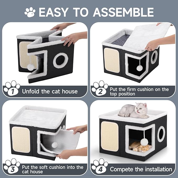 Shikha Cat Beds for Indoor Cats, Large Cat Cave with Cozy Condo, Fluffy Ball, Round Window, Foldable Indoor Cat House Hold Up to 30LBS, Cat Hideaway with Reversible Cushions for All Seasons, Black